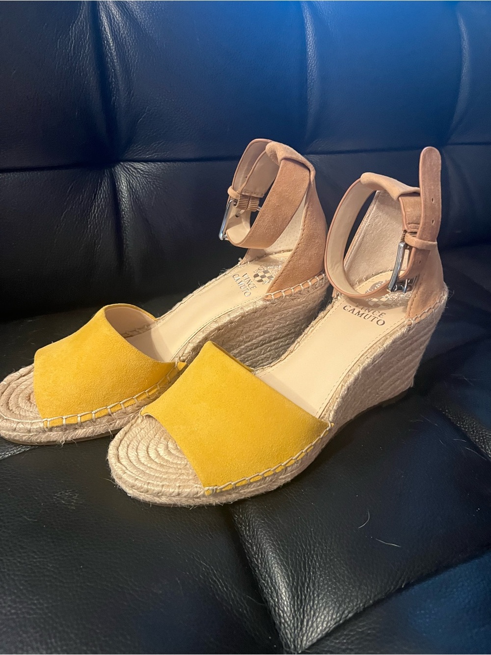 Vince Camuto Yellow and Tan Suede Espadrille Wedge Sandals